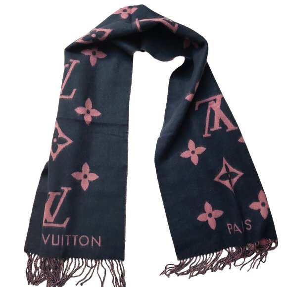 LOUIS VUITTON Reykjavik Navy Blue & Lavender Reversible Cashmere Scarf Pre-Owned - Picture 2 of 11